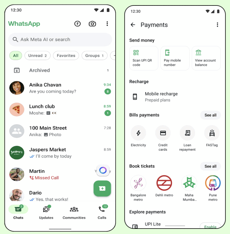 Two WhatsApp screens: the chat list with a rupee icon at the top next to the camera, and the Payments screen showing Send money, Recharge, a Bills payments row with Electricity, Credit cards, Loan repayment and FASTag, and Book tickets.