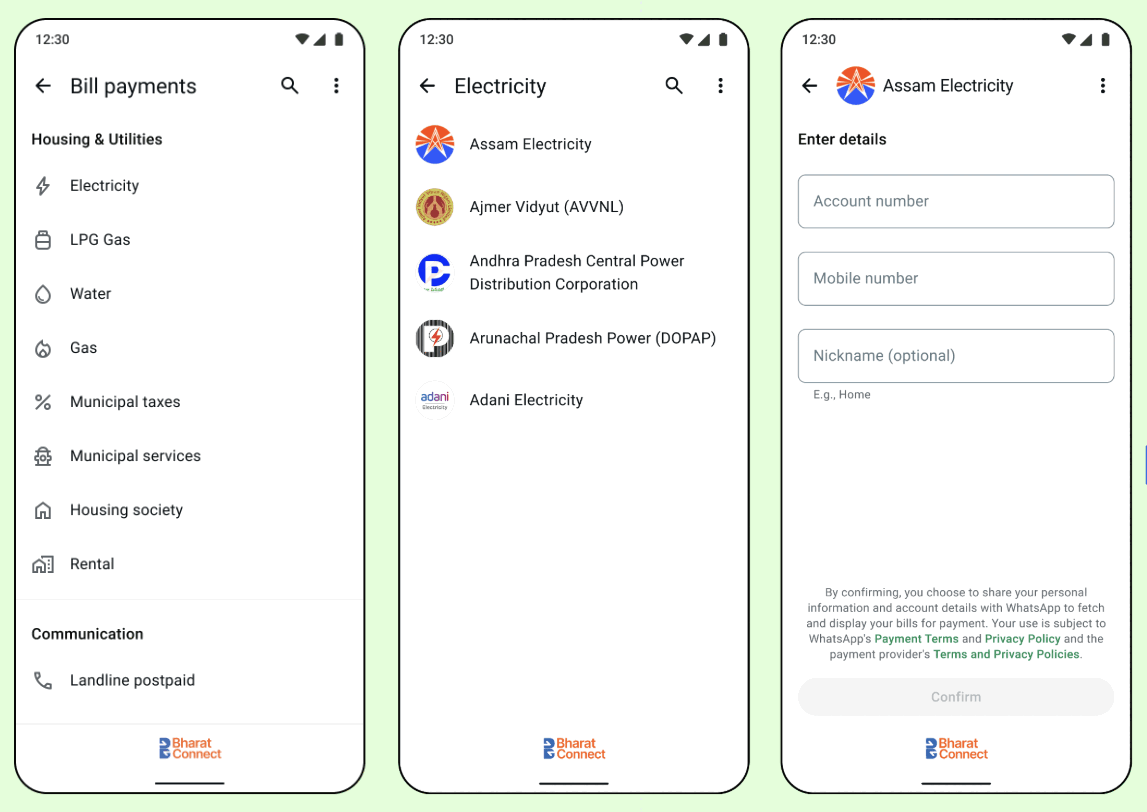 Three WhatsApp bill payment screens: a category list under Housing and Utilities including Electricity, LPG Gas, Water, Gas, Municipal taxes, Municipal services, Housing society and Rental; a list of electricity billers such as Assam Electricity and Adani Electricity; and an Enter details form asking for an account number, mobile number and an optional nickname, all branded Bharat Connect.
